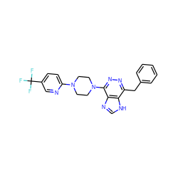 FC(F)(F)c1ccc(N2CCN(c3nnc(Cc4ccccc4)c4[nH]cnc34)CC2)nc1 ZINC000040976778