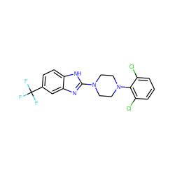 FC(F)(F)c1ccc2[nH]c(N3CCN(c4c(Cl)cccc4Cl)CC3)nc2c1 ZINC000038157659