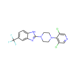 FC(F)(F)c1ccc2[nH]c(N3CCN(c4c(Cl)cncc4Cl)CC3)nc2c1 ZINC000035984058