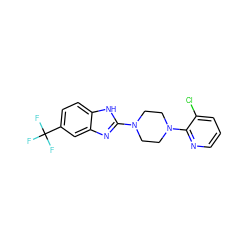 FC(F)(F)c1ccc2[nH]c(N3CCN(c4ncccc4Cl)CC3)nc2c1 ZINC000034635422