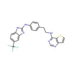 FC(F)(F)c1ccc2[nH]c(Nc3ccc(CCNc4ncnc5ccsc45)cc3)nc2c1 ZINC000049000135