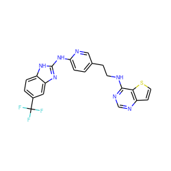 FC(F)(F)c1ccc2[nH]c(Nc3ccc(CCNc4ncnc5ccsc45)cn3)nc2c1 ZINC000049034533