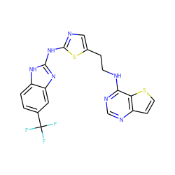 FC(F)(F)c1ccc2[nH]c(Nc3ncc(CCNc4ncnc5ccsc45)s3)nc2c1 ZINC000049017364