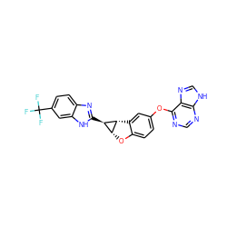 FC(F)(F)c1ccc2nc([C@@H]3[C@H]4Oc5ccc(Oc6ncnc7[nH]cnc67)cc5[C@H]43)[nH]c2c1 ZINC000072291416