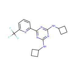 FC(F)(F)c1cccc(-c2nc(NC3CCC3)nc(NC3CCC3)n2)n1 ZINC000223136748