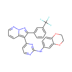 FC(F)(F)c1cccc(-c2nn3ncccc3c2-c2ccnc(Nc3ccc4c(c3)OCCO4)n2)c1 ZINC000014945973