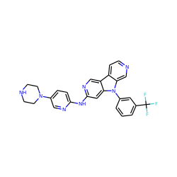 FC(F)(F)c1cccc(-n2c3cnccc3c3cnc(Nc4ccc(N5CCNCC5)cn4)cc32)c1 ZINC000169706729