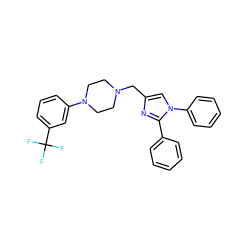 FC(F)(F)c1cccc(N2CCN(Cc3cn(-c4ccccc4)c(-c4ccccc4)n3)CC2)c1 ZINC000013491644