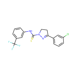 FC(F)(F)c1cccc(NC(=S)N2CCC(c3cccc(Cl)c3)=N2)c1 ZINC000013474244