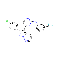 FC(F)(F)c1cccc(Nc2nccc(-c3c(-c4ccc(Cl)cc4)nn4ncccc34)n2)c1 ZINC000013582712