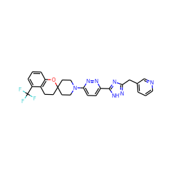 FC(F)(F)c1cccc2c1CCC1(CCN(c3ccc(-c4nc(Cc5cccnc5)n[nH]4)nn3)CC1)O2 ZINC000045354071