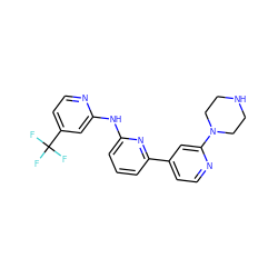 FC(F)(F)c1ccnc(Nc2cccc(-c3ccnc(N4CCNCC4)c3)n2)c1 ZINC000084706167