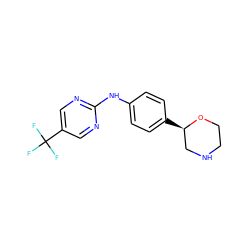 FC(F)(F)c1cnc(Nc2ccc([C@@H]3CNCCO3)cc2)nc1 ZINC000150000486