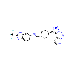 FC(F)(F)c1nc2ccc(NC[C@H]3CC[C@H](c4nnn5cnc6[nH]ccc6c45)CC3)cc2[nH]1 ZINC001772639222