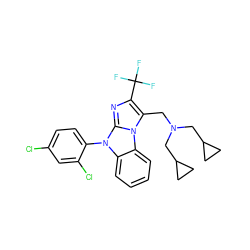 FC(F)(F)c1nc2n(-c3ccc(Cl)cc3Cl)c3ccccc3n2c1CN(CC1CC1)CC1CC1 ZINC000028460145