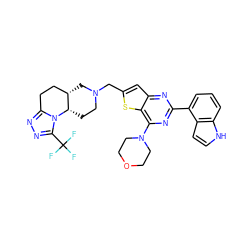 FC(F)(F)c1nnc2n1[C@H]1CCN(Cc3cc4nc(-c5cccc6[nH]ccc56)nc(N5CCOCC5)c4s3)C[C@H]1CC2 ZINC001772653950