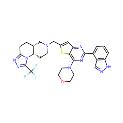 FC(F)(F)c1nnc2n1[C@H]1CCN(Cc3cc4nc(-c5cccc6[nH]ncc56)nc(N5CCOCC5)c4s3)C[C@H]1CC2 ZINC001772605424