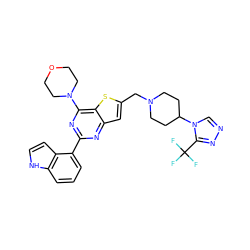 FC(F)(F)c1nncn1C1CCN(Cc2cc3nc(-c4cccc5[nH]ccc45)nc(N4CCOCC4)c3s2)CC1 ZINC001772590199