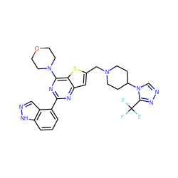 FC(F)(F)c1nncn1C1CCN(Cc2cc3nc(-c4cccc5[nH]ncc45)nc(N4CCOCC4)c3s2)CC1 ZINC001772576535