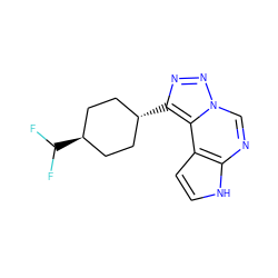 FC(F)[C@H]1CC[C@H](c2nnn3cnc4[nH]ccc4c23)CC1 ZINC001772603552