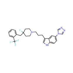 FC1(Cc2ccccc2C(F)(F)F)CCN(CCCc2c[nH]c3ccc(-n4cnnc4)cc23)CC1 ZINC000001486793