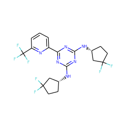 FC1(F)CC[C@@H](Nc2nc(N[C@@H]3CCC(F)(F)C3)nc(-c3cccc(C(F)(F)F)n3)n2)C1 ZINC000222825435