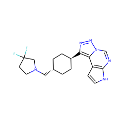 FC1(F)CCN(C[C@H]2CC[C@H](c3nnn4cnc5[nH]ccc5c34)CC2)C1 ZINC001772637551