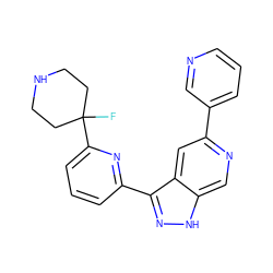 FC1(c2cccc(-c3n[nH]c4cnc(-c5cccnc5)cc34)n2)CCNCC1 ZINC000205246164