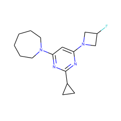 FC1CN(c2cc(N3CCCCCC3)nc(C3CC3)n2)C1 ZINC000028818518