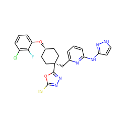 Fc1c(Cl)cccc1O[C@H]1CC[C@](Cc2cccc(Nc3cc[nH]n3)n2)(c2nnc(S)o2)CC1 ZINC001772603724