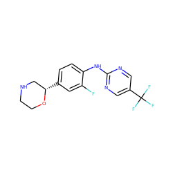 Fc1cc([C@H]2CNCCO2)ccc1Nc1ncc(C(F)(F)F)cn1 ZINC000149969174