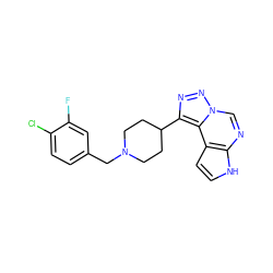 Fc1cc(CN2CCC(c3nnn4cnc5[nH]ccc5c34)CC2)ccc1Cl ZINC001772583646