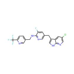 Fc1cc(Cc2c[nH]c3ncc(Cl)cc23)cnc1NCc1ccc(C(F)(F)F)nc1 ZINC000117442246