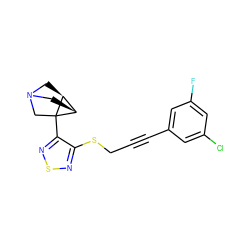 Fc1cc(Cl)cc(C#CCSc2nsnc2C23CN4C[C@H]2[C@H]3C4)c1 ZINC000013798051