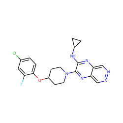 Fc1cc(Cl)ccc1OC1CCN(c2nc3cnncc3nc2NC2CC2)CC1 ZINC000144420107