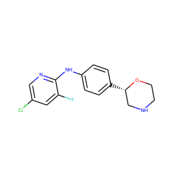 Fc1cc(Cl)cnc1Nc1ccc([C@H]2CNCCO2)cc1 ZINC000150007478