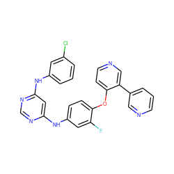 Fc1cc(Nc2cc(Nc3cccc(Cl)c3)ncn2)ccc1Oc1ccncc1-c1cccnc1 ZINC001772581532