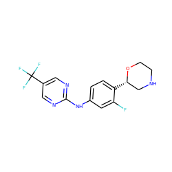 Fc1cc(Nc2ncc(C(F)(F)F)cn2)ccc1[C@H]1CNCCO1 ZINC000149966020