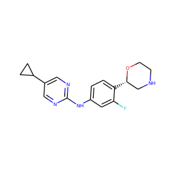 Fc1cc(Nc2ncc(C3CC3)cn2)ccc1[C@H]1CNCCO1 ZINC000149996637