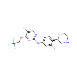 Fc1cc(Nc2ncc(F)c(OCC(F)(F)F)n2)ccc1[C@@H]1CNCCO1 ZINC000150029409