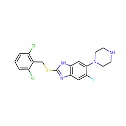 Fc1cc2nc(SCc3c(Cl)cccc3Cl)[nH]c2cc1N1CCNCC1 ZINC000029050624