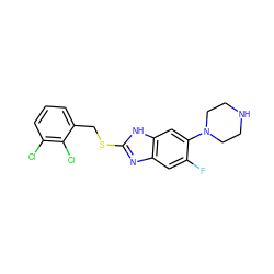 Fc1cc2nc(SCc3cccc(Cl)c3Cl)[nH]c2cc1N1CCNCC1 ZINC000029050614