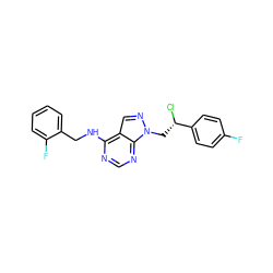 Fc1ccc([C@@H](Cl)Cn2ncc3c(NCc4ccccc4F)ncnc32)cc1 ZINC000029136001