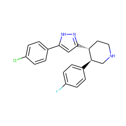 Fc1ccc([C@@H]2CNCC[C@H]2c2cc(-c3ccc(Cl)cc3)[nH]n2)cc1 ZINC000139919291