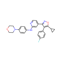 Fc1ccc(-c2c(-c3ccnc(Nc4ccc(N5CCOCC5)cc4)c3)noc2C2CC2)cc1 ZINC000103235661