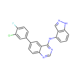 Fc1ccc(-c2ccc3ncnc(Nc4cccc5[nH]ncc45)c3c2)cc1Cl ZINC000143207666