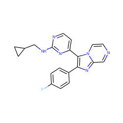 Fc1ccc(-c2nc3cnccn3c2-c2ccnc(NCC3CC3)n2)cc1 ZINC000063540185