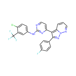 Fc1ccc(-c2nn3ncccc3c2-c2ccnc(Nc3ccc(Cl)c(C(F)(F)F)c3)n2)cc1 ZINC000013582678