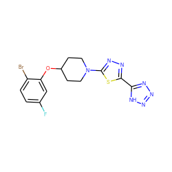 Fc1ccc(Br)c(OC2CCN(c3nnc(-c4nnn[nH]4)s3)CC2)c1 ZINC000095576590