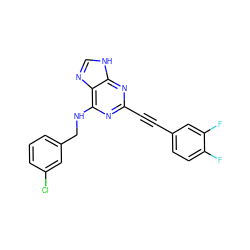 Fc1ccc(C#Cc2nc(NCc3cccc(Cl)c3)c3nc[nH]c3n2)cc1F ZINC001772598074